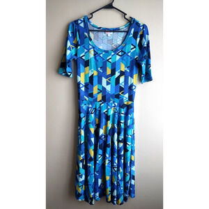 New LulaRoe Dress Women S Blue Geometric Nicole Sheath Midi Short Sleeve Casual